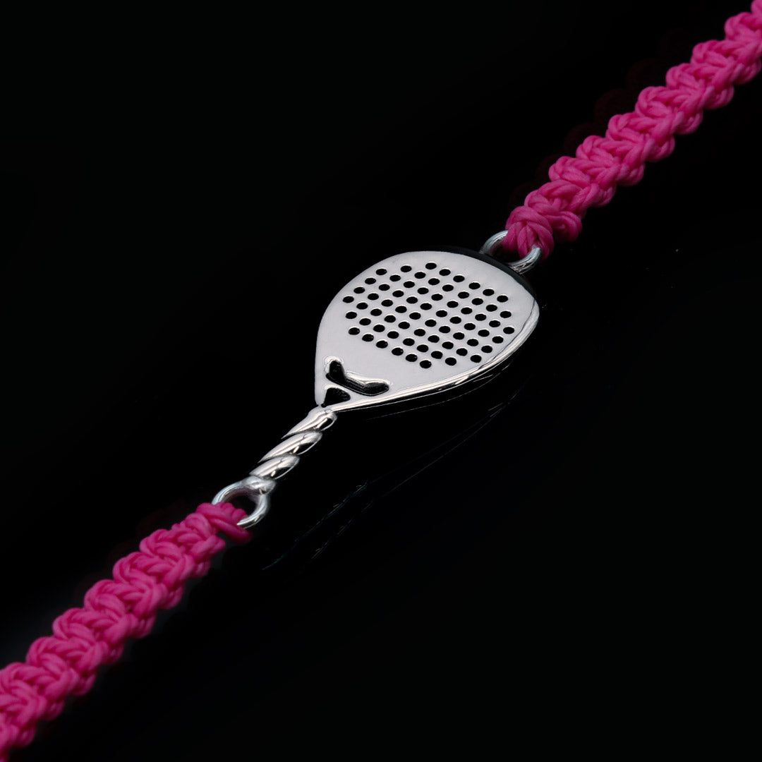 Bracciale racchetta padel goccia in argento 925 con cordino fucsia fluo Lagati Padel Jewels