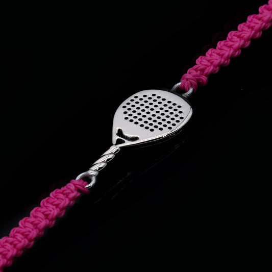 Bracciale racchetta padel goccia in argento 925 con cordino fucsia fluo Lagati Padel Jewels