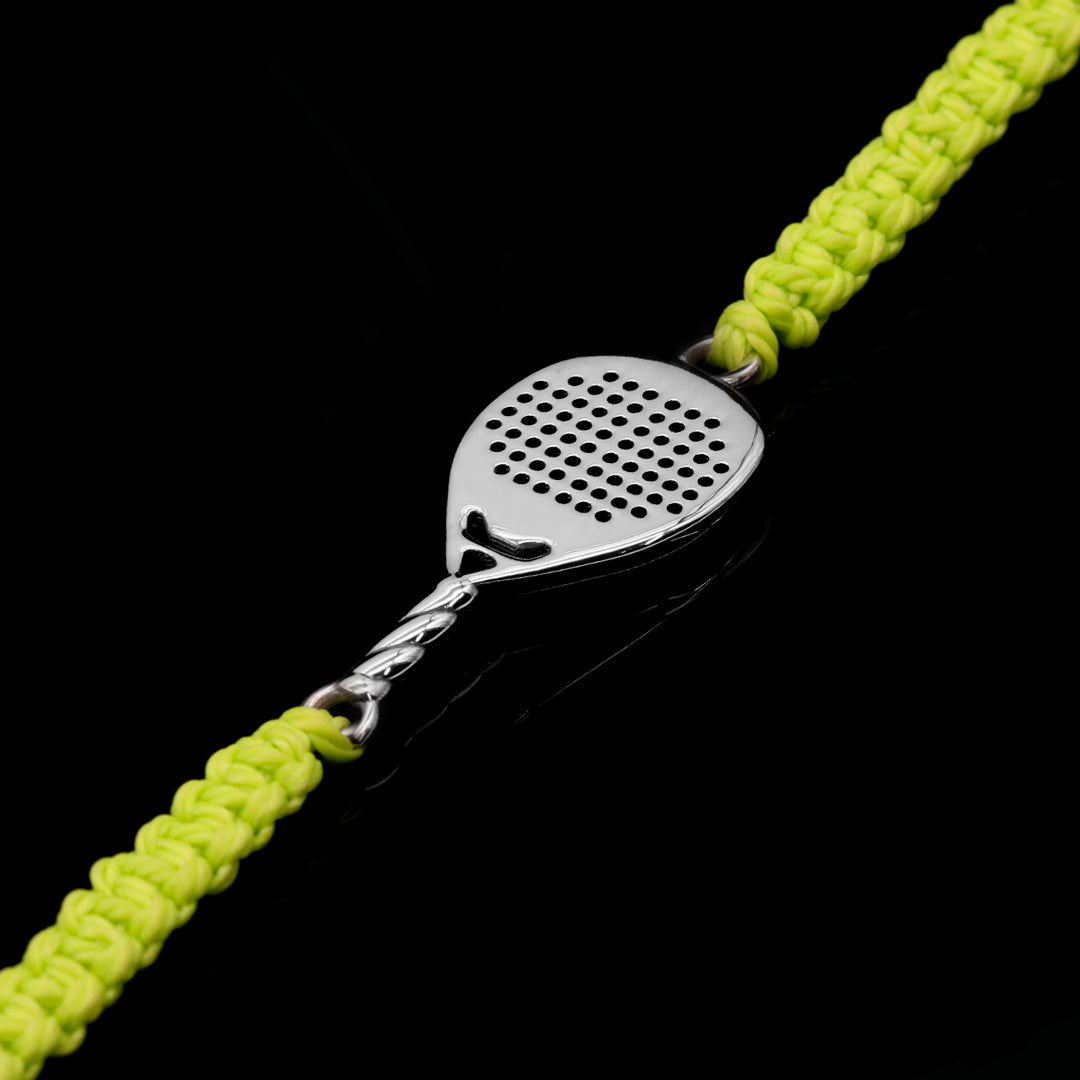 Bracciale racchetta padel goccia in argento 925 con cordino giallo fluo Lagati Padel Jewels