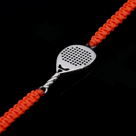 Bracciale racchetta padel goccia in argento 925 con cordino arancione fluo Lagati Padel Jewels