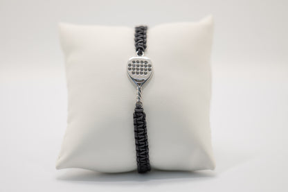 BRACCIALE PADEL RACCHETTA GOCCIA IN ORO BIANCO 18 KT E DIAMANTI NERI TAGLIO BRILLANTE CORDINO NERO SCOOBYDOO