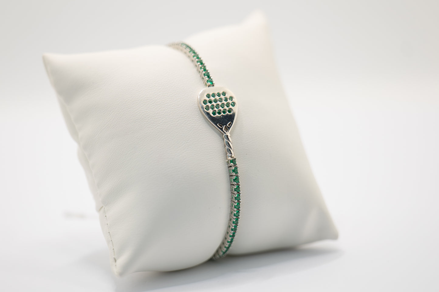 Bracciale tennis con racchetta diamante centrale, argento 925 e pietre verdi