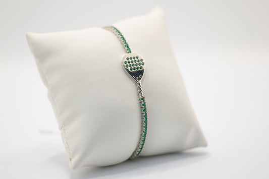 Bracciale tennis con racchetta diamante centrale, argento 925 e pietre verdi