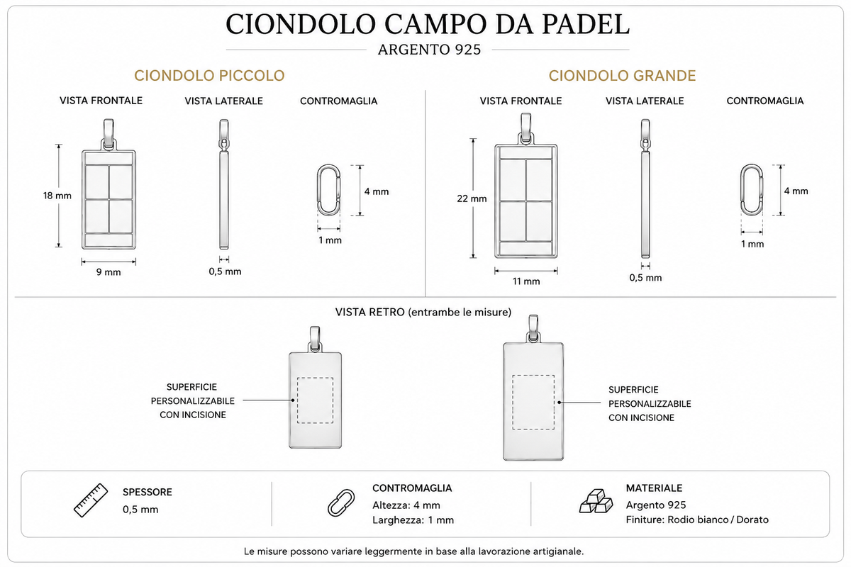 Misure dei ciondoli campo padel piccolo e grande